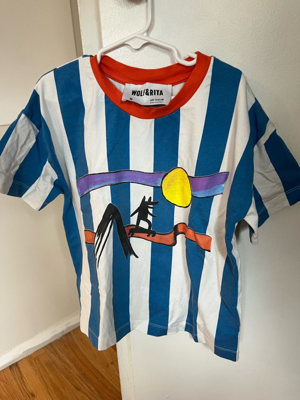 Wolf and Badger Kids Blue & White Striped Graphic Tee with Orange Trim - Picture 2 of 2